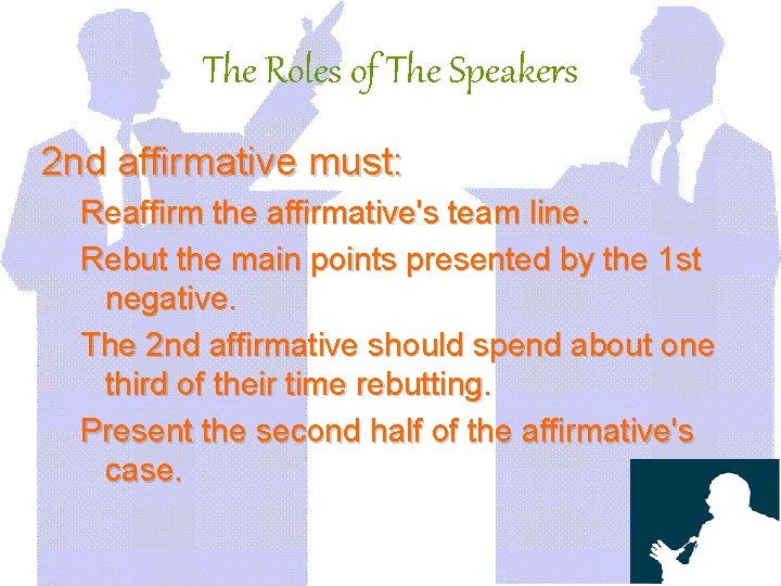 The Roles of The Speakers 2 nd affirmative must: Reaffirm the affirmative's team line.