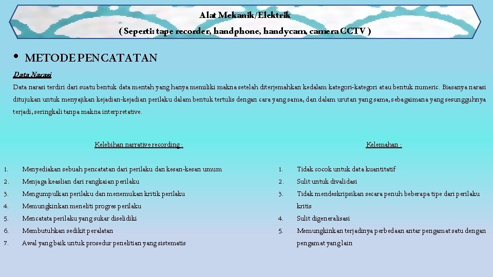 Alat Mekanik/Elektrik ( Seperti: tape recorder, handphone, handycam, camera CCTV ) • METODE PENCATATAN