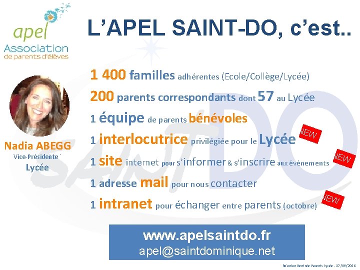 L’APEL SAINT-DO, c’est. . Nadia ABEGG Vice-Présidente ` Lycée 1 400 familles adhérentes (Ecole/Collège/Lycée)