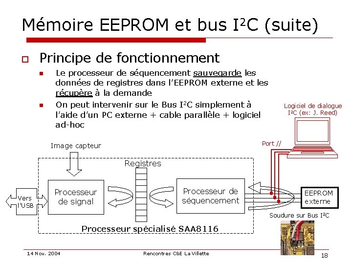 Mémoire EEPROM et bus I 2 C (suite) o Principe de fonctionnement n n