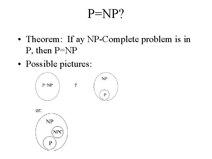 P=NP? • Theorem: If ay NP-Complete problem is in P, then P=NP • Possible