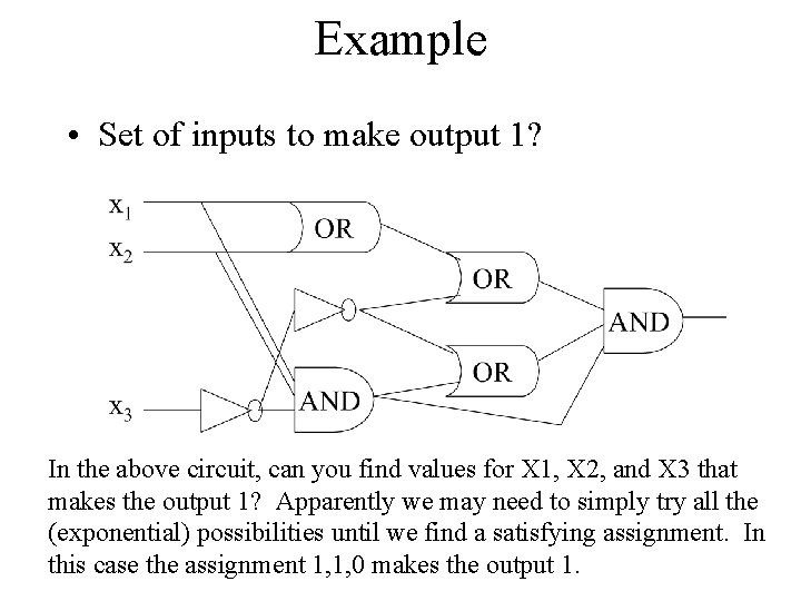 Example • Set of inputs to make output 1? In the above circuit, can