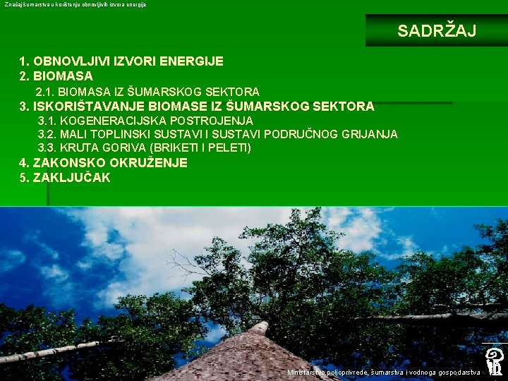 Značaj šumarstva u korištenju obnovljivih izvora energije SADRŽAJ 1. OBNOVLJIVI IZVORI ENERGIJE 2. BIOMASA