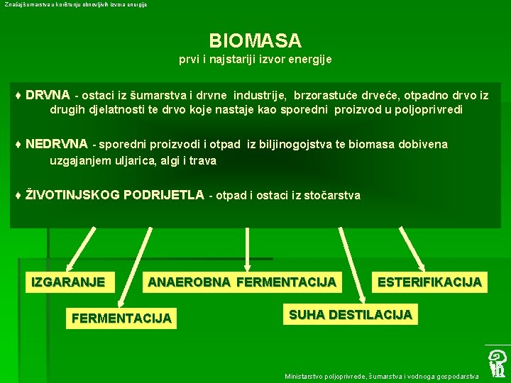 Značaj šumarstva u korištenju obnovljivih izvora energije BIOMASA prvi i najstariji izvor energije ♦