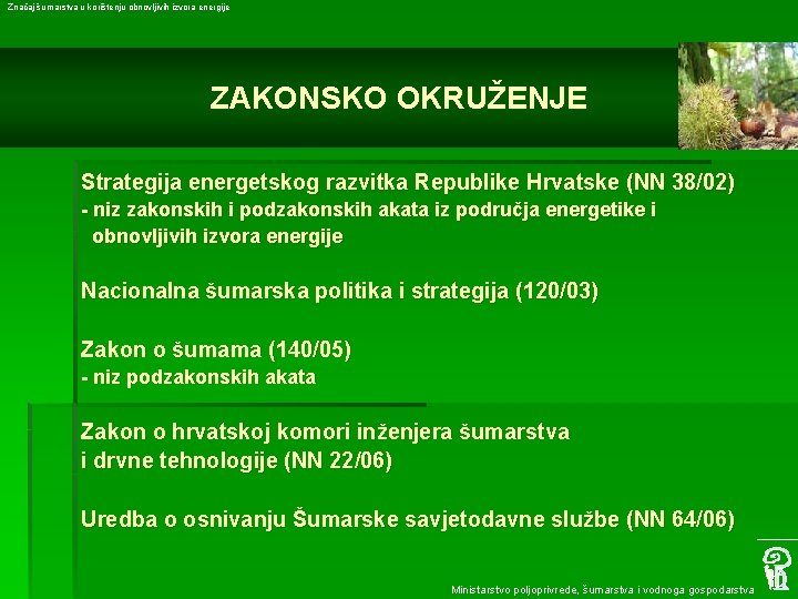 Značaj šumarstva u korištenju obnovljivih izvora energije ZAKONSKO OKRUŽENJE Strategija energetskog razvitka Republike Hrvatske