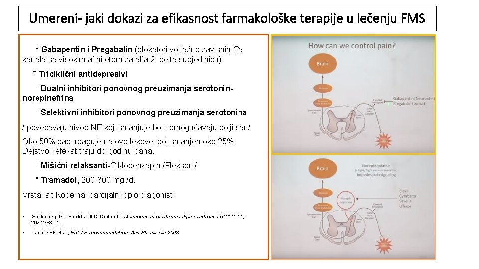 Umereni- jaki dokazi za efikasnost farmakološke terapije u lečenju FMS * Gabapentin i Pregabalin