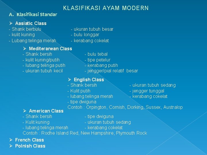 A. Klasifikasi Standar Ø Aasiatic Class - Shank berbulu - kulit kuning - Lubang