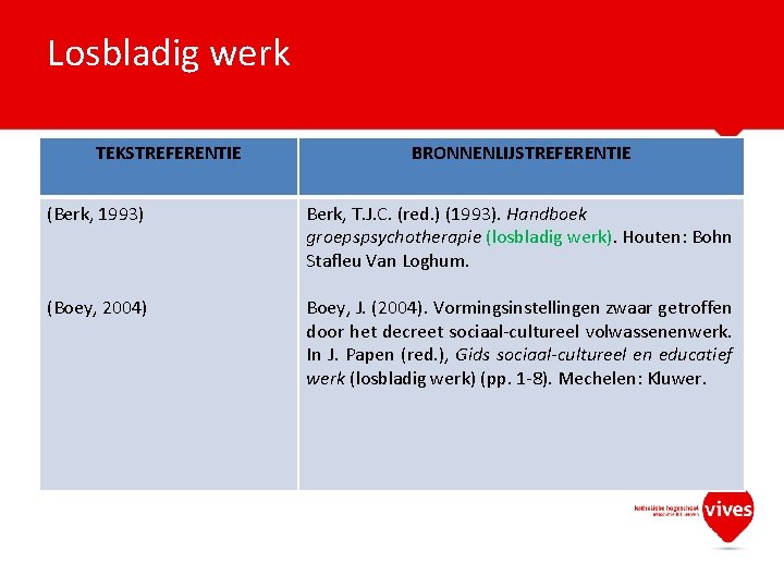 Losbladig werk TEKSTREFERENTIE BRONNENLIJSTREFERENTIE (Berk, 1993) Berk, T. J. C. (red. ) (1993). Handboek