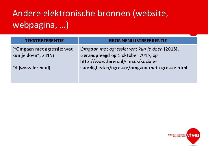 Andere elektronische bronnen (website, webpagina, …) TEKSTREFERENTIE (“Omgaan met agressie: wat kun je doen”,