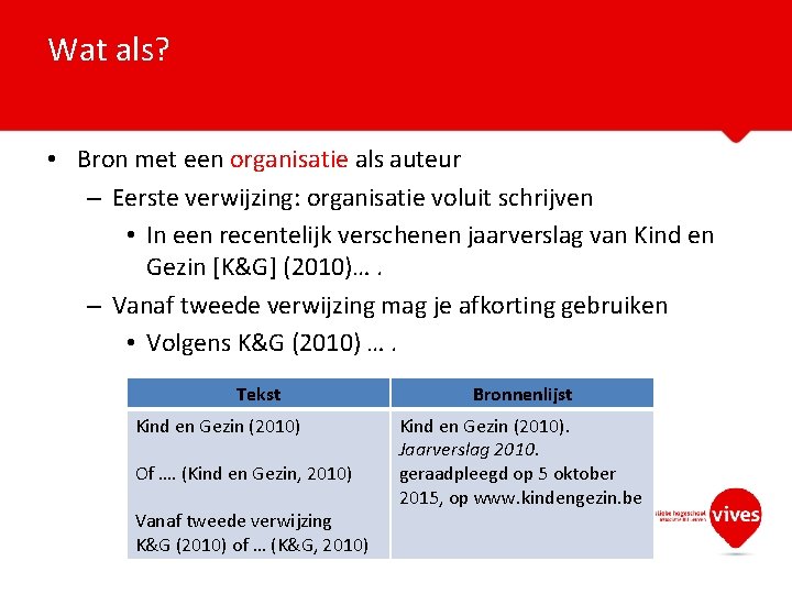 Wat als? • Bron met een organisatie als auteur – Eerste verwijzing: organisatie voluit