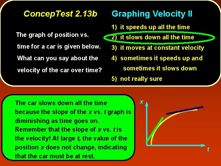 Concep. Test 2. 13 b Graphing Velocity II 1) it speeds up all the