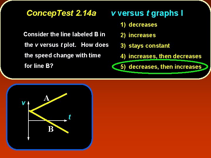 Concep. Test 2. 14 a v versus t graphs I 1) decreases Consider the