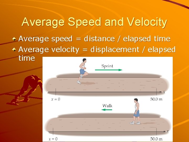 Average Speed and Velocity Average speed = distance / elapsed time Average velocity =