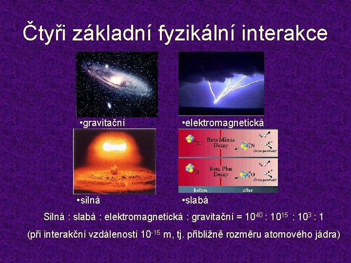 Čtyři základní fyzikální interakce • gravitační • elektromagnetická • silná • slabá Silná :