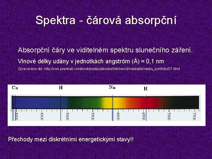 Spektra - čárová absorpční Absorpční čáry ve viditelném spektru slunečního záření. Vlnové délky udány