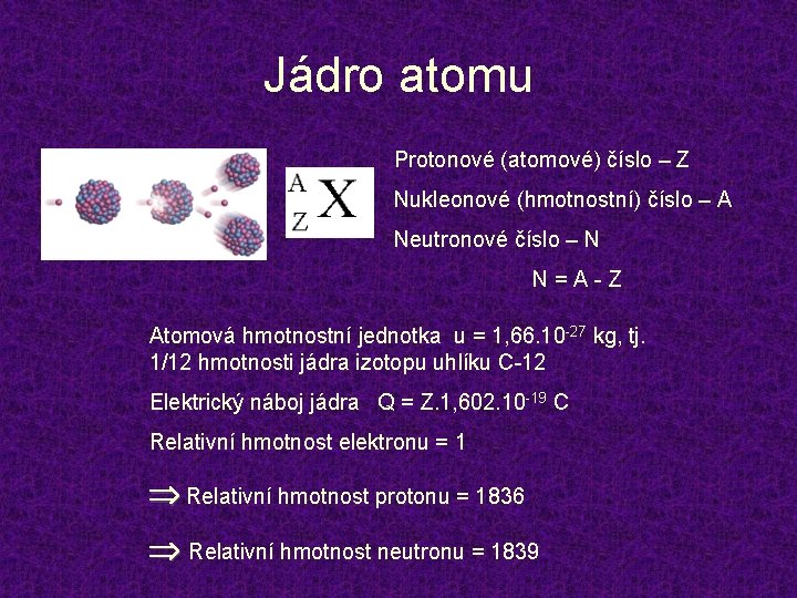 Jádro atomu Protonové (atomové) číslo – Z Nukleonové (hmotnostní) číslo – A Neutronové číslo