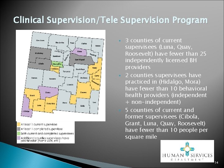 Clinical Supervision/Tele Supervision Program § § § 3 counties of current supervisees (Luna, Quay,