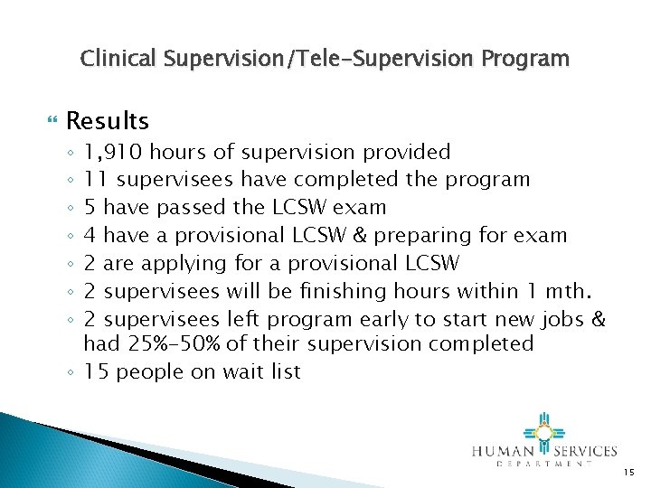 Clinical Supervision/Tele-Supervision Program Results 1, 910 hours of supervision provided 11 supervisees have completed