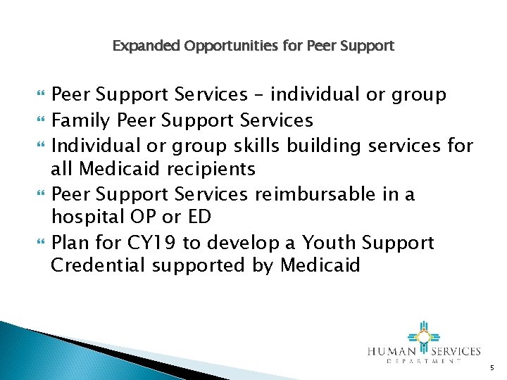 Expanded Opportunities for Peer Support Services – individual or group Family Peer Support Services