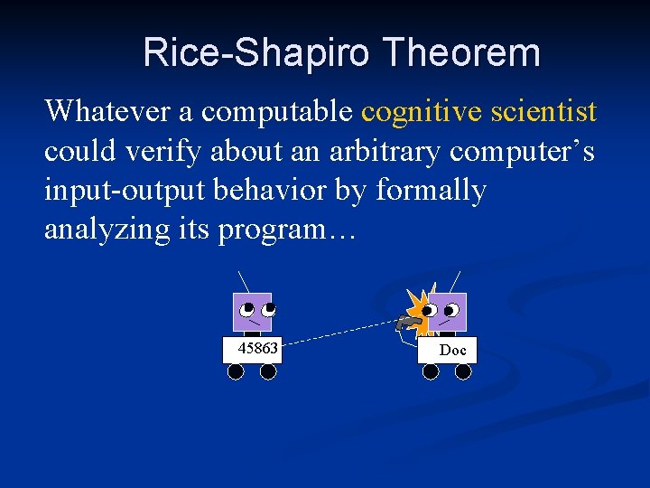 Rice-Shapiro Theorem Whatever a computable cognitive scientist could verify about an arbitrary computer’s input-output