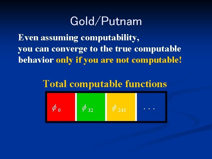 Gold/Putnam Even assuming computability, you can converge to the true computable behavior only if