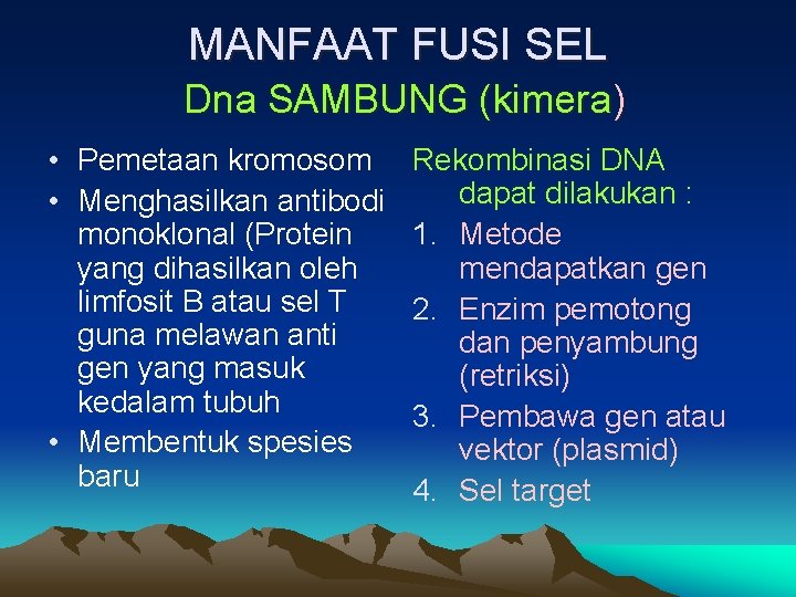 MANFAAT FUSI SEL Dna SAMBUNG (kimera) • Pemetaan kromosom • Menghasilkan antibodi monoklonal (Protein