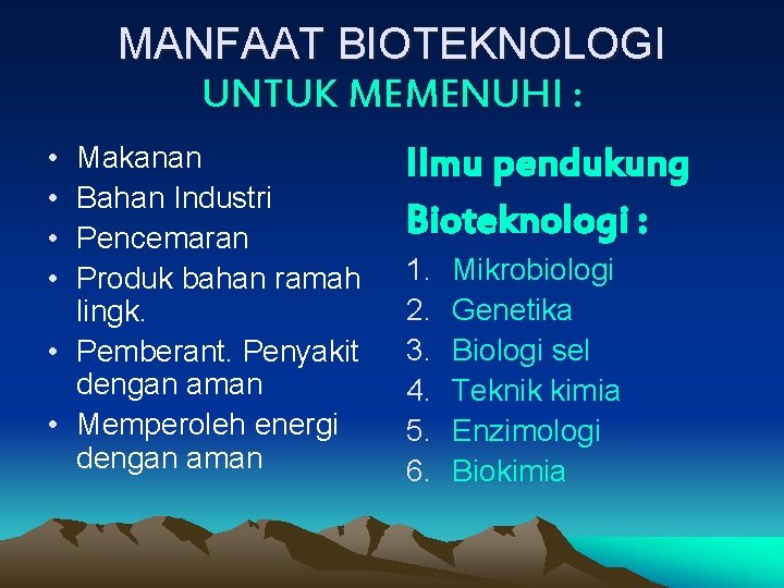 MANFAAT BIOTEKNOLOGI UNTUK MEMENUHI : • • Makanan Bahan Industri Pencemaran Produk bahan ramah