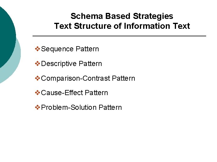 Schema Based Strategies Text Structure of Information Text v. Sequence Pattern v. Descriptive Pattern