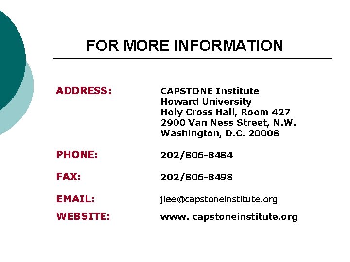 FOR MORE INFORMATION ADDRESS: CAPSTONE Institute Howard University Holy Cross Hall, Room 427 2900