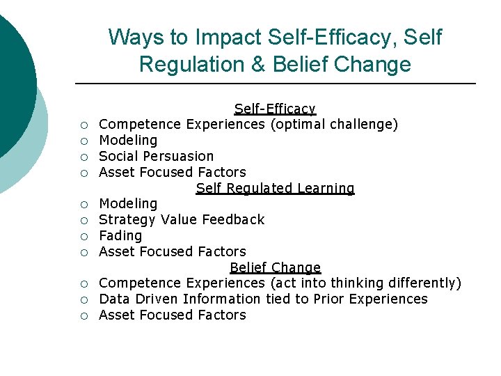 Ways to Impact Self-Efficacy, Self Regulation & Belief Change ¡ ¡ ¡ Self-Efficacy Competence