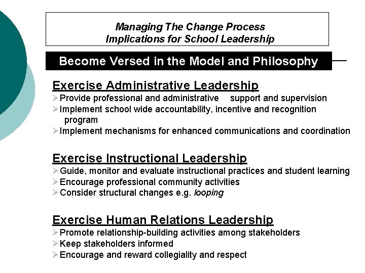 Managing The Change Process Implications for School Leadership Become Versed in the Model and
