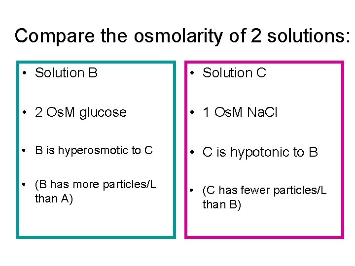 Compare the osmolarity of 2 solutions: • Solution B • Solution C • 2