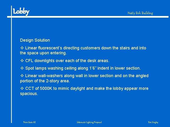 Lobby Natty Boh Building Design Solution v Linear fluorescent’s directing customers down the stairs