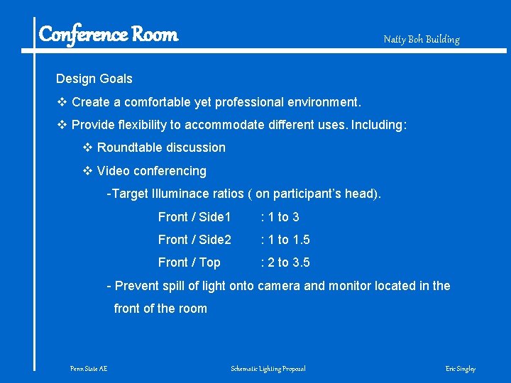 Conference Room Natty Boh Building Design Goals v Create a comfortable yet professional environment.