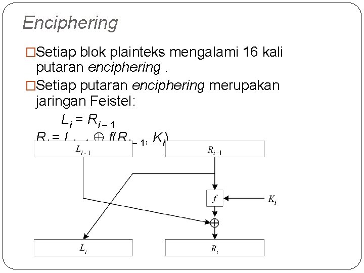 Enciphering �Setiap blok plainteks mengalami 16 kali putaran enciphering. �Setiap putaran enciphering merupakan jaringan