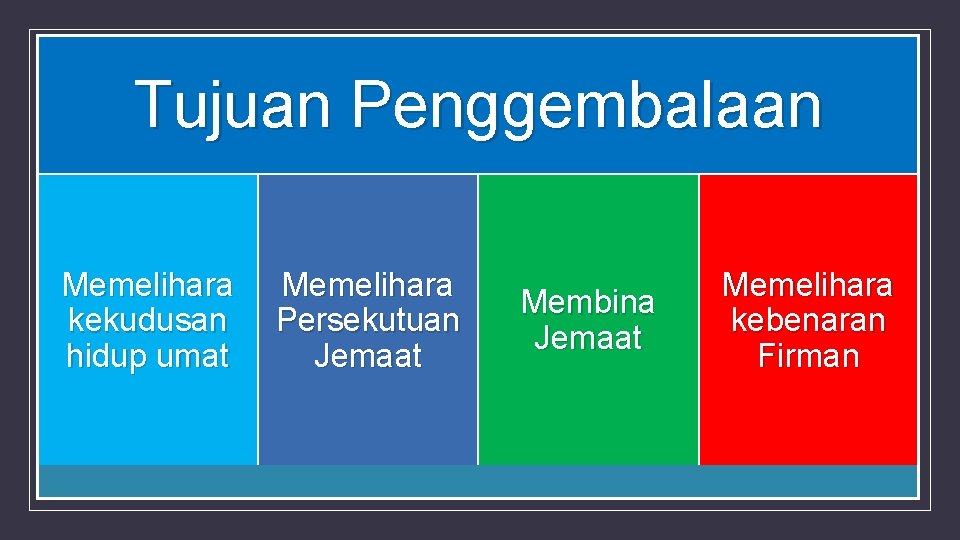 Pelayan-Nya. . . Tujuan Penggembalaan Memelihara kekudusan hidup umat Memelihara Persekutuan Jemaat Membina Jemaat