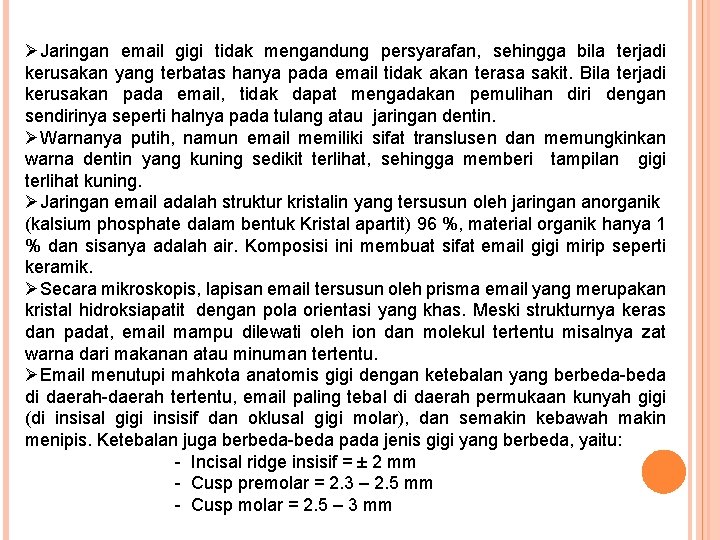 ØJaringan email gigi tidak mengandung persyarafan, sehingga bila terjadi kerusakan yang terbatas hanya pada ØJaringan email gigi tidak mengandung persyarafan, sehingga bila terjadi kerusakan yang terbatas hanya pada