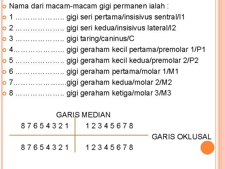 Nama dari macam-macam gigi permanen ialah : 1 ………………. . gigi seri pertama/insisivus sentral/I Nama dari macam-macam gigi permanen ialah : 1 ………………. . gigi seri pertama/insisivus sentral/I
