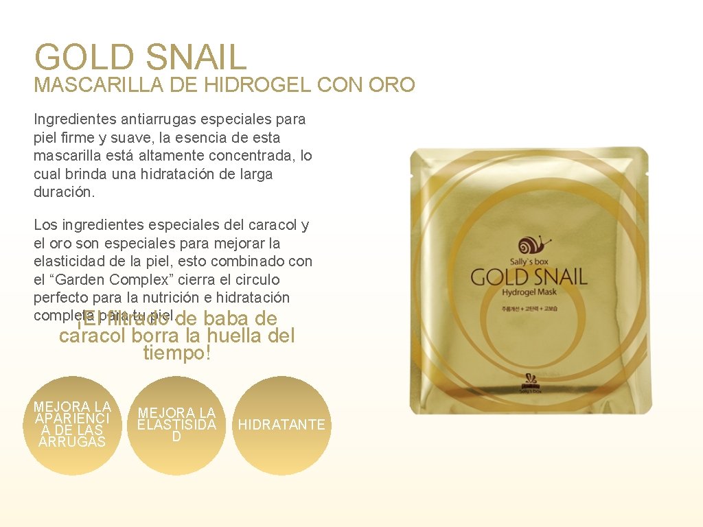 GOLD SNAIL MASCARILLA DE HIDROGEL CON ORO Ingredientes antiarrugas especiales para piel firme y
