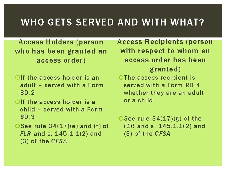 WHO GETS SERVED AND WITH WHAT? Access Holders (person who has been granted an