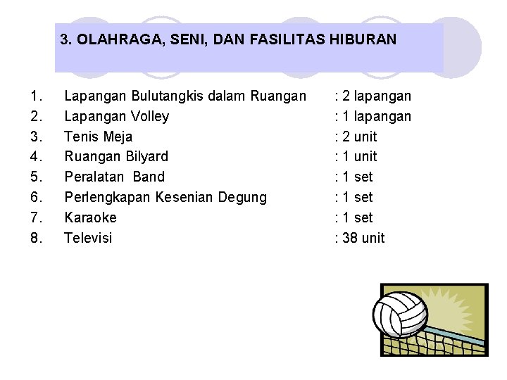 3. OLAHRAGA, SENI, DAN FASILITAS HIBURAN 1. 2. 3. 4. 5. 6. 7. 8.