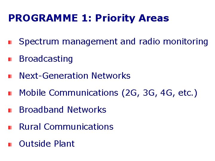 PROGRAMME 1: Priority Areas Spectrum management and radio monitoring Broadcasting Next-Generation Networks Mobile Communications