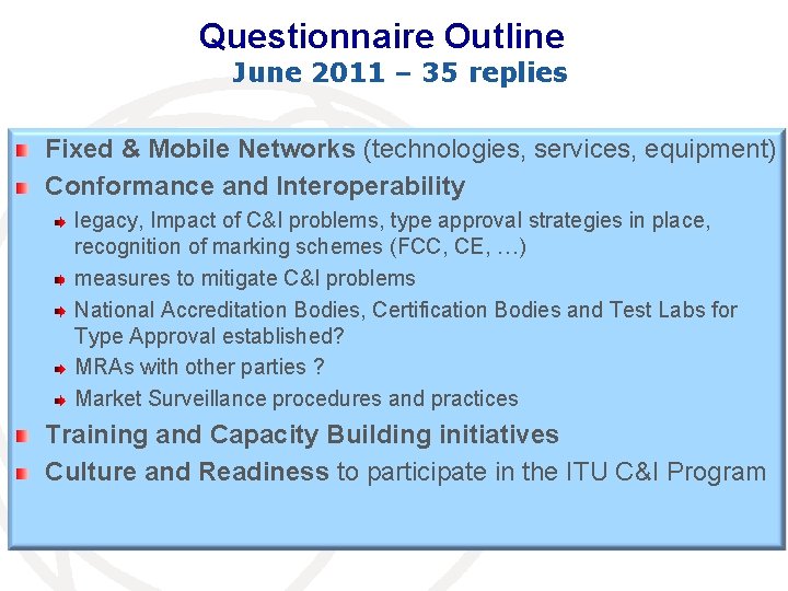 Questionnaire Outline June 2011 – 35 replies Fixed & Mobile Networks (technologies, services, equipment)