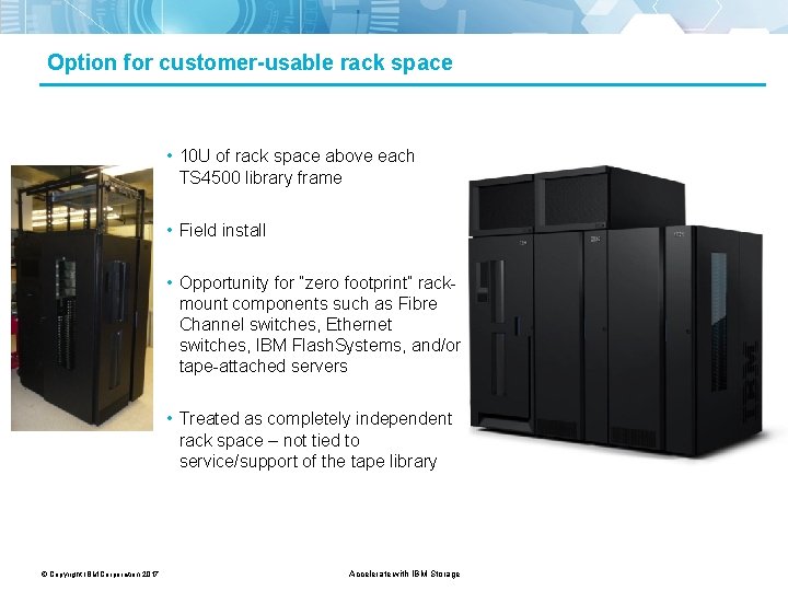 Option for customer-usable rack space • 10 U of rack space above each TS