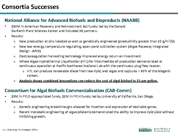 Consortia Successes National Alliance for Advanced Biofuels and Bioproducts (NAABB) • • $50 M