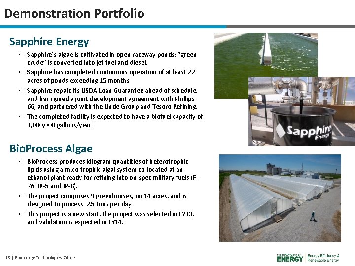 Demonstration Portfolio Sapphire Energy • Sapphire’s algae is cultivated in open raceway ponds; “green