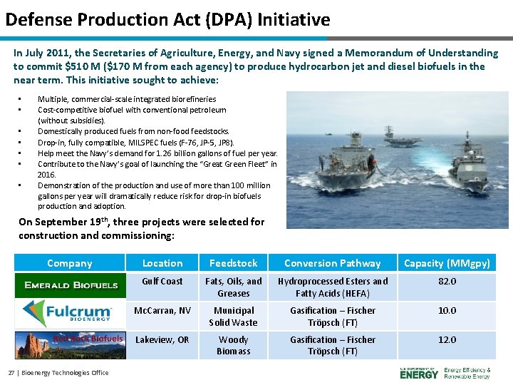 Defense Production Act (DPA) Initiative In July 2011, the Secretaries of Agriculture, Energy, and