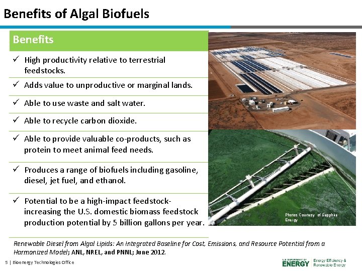Benefits of Algal Biofuels Benefits ü High productivity relative to terrestrial feedstocks. ü Adds