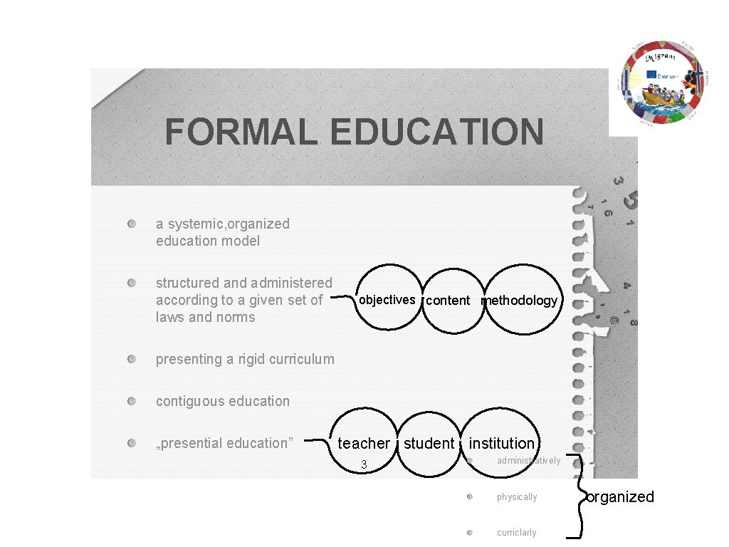 FORMAL EDUCATION a systemic, organized education model structured and administered according to a given