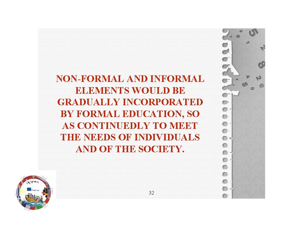NON-FORMAL AND INFORMAL ELEMENTS WOULD BE GRADUALLY INCORPORATED BY FORMAL EDUCATION, SO AS CONTINUEDLY